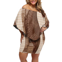 Polynesian Tribal Pattern Patchwork Picturesque Off Shoulder Short Dress Mocha