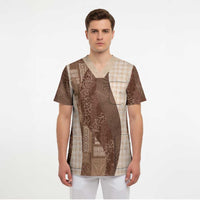 Polynesian Tribal Pattern Patchwork Picturesque Scrub Top Mocha