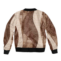 Polynesian Tribal Pattern Patchwork Picturesque Sleeve Zip Bomber Jacket Mocha