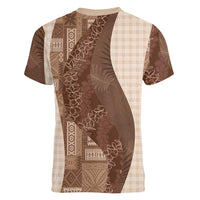 Polynesian Tribal Pattern Patchwork Picturesque Women V-Neck T-Shirt Mocha