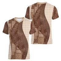Polynesian Tribal Pattern Patchwork Picturesque Women V-Neck T-Shirt Mocha