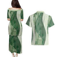Polynesian Tribal Pattern Patchwork Picturesque Couples Matching Puletasi and Hawaiian Shirt Sage Green