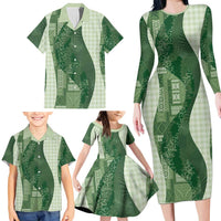 Polynesian Tribal Pattern Patchwork Picturesque Family Matching Long Sleeve Bodycon Dress and Hawaiian Shirt Sage Green