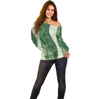 Polynesian Tribal Pattern Patchwork Picturesque Off Shoulder Sweater Sage Green