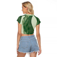 Polynesian Tribal Pattern Patchwork Picturesque Raglan Cropped T Shirt Sage Green LT7 - Polynesian Pride