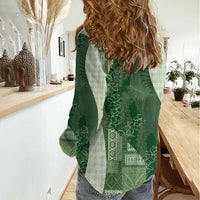 Polynesian Tribal Pattern Patchwork Picturesque Women Casual Shirt Sage Green