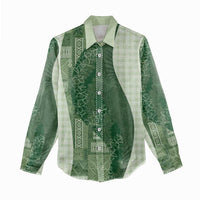 Polynesian Tribal Pattern Patchwork Picturesque Women Casual Shirt Sage Green