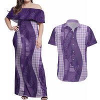 Polynesian Tribal Pattern Patchwork Picturesque Couples Matching Off Shoulder Maxi Dress and Hawaiian Shirt Deep Violet