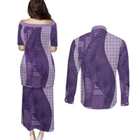 Polynesian Tribal Pattern Patchwork Picturesque Couples Matching Puletasi and Long Sleeve Button Shirt Deep Violet