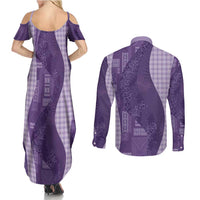 Polynesian Tribal Pattern Patchwork Picturesque Couples Matching Summer Maxi Dress and Long Sleeve Button Shirt Deep Violet
