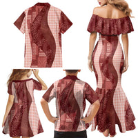 Polynesian Tribal Pattern Patchwork Picturesque Family Matching Mermaid Dress and Hawaiian Shirt Crimson