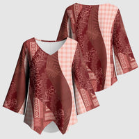 Polynesian Tribal Pattern Patchwork Picturesque Kimono Sleeve Blouse Crimson