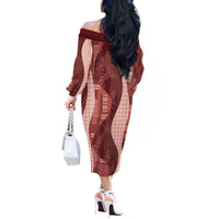 Polynesian Tribal Pattern Patchwork Picturesque Off The Shoulder Long Sleeve Dress Crimson