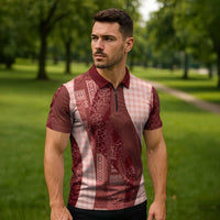 Polynesian Tribal Pattern Patchwork Picturesque Zipper Polo Shirt Crimson