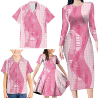 Polynesian Tribal Pattern Patchwork Picturesque Family Matching Long Sleeve Bodycon Dress and Hawaiian Shirt Rose Pink