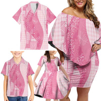 Polynesian Tribal Pattern Patchwork Picturesque Family Matching Off Shoulder Short Dress and Hawaiian Shirt Rose Pink