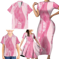 Polynesian Tribal Pattern Patchwork Picturesque Family Matching Short Sleeve Bodycon Dress and Hawaiian Shirt Rose Pink