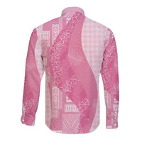 Polynesian Tribal Pattern Patchwork Picturesque Long Sleeve Button Shirt Rose Pink