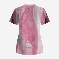 Polynesian Tribal Pattern Patchwork Picturesque Scrub Top Rose Pink