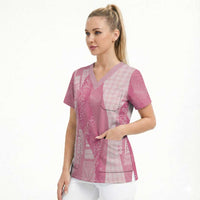 Polynesian Tribal Pattern Patchwork Picturesque Scrub Top Rose Pink