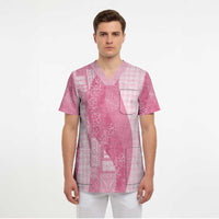 Polynesian Tribal Pattern Patchwork Picturesque Scrub Top Rose Pink
