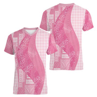 Polynesian Tribal Pattern Patchwork Picturesque Women V-Neck T-Shirt Rose Pink