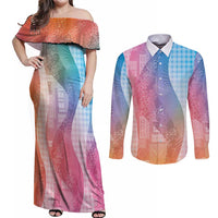 Polynesian Tribal Pattern Patchwork Picturesque Couples Matching Off Shoulder Maxi Dress and Long Sleeve Button Shirt Holographic