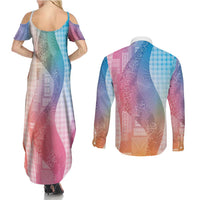 Polynesian Tribal Pattern Patchwork Picturesque Couples Matching Summer Maxi Dress and Long Sleeve Button Shirt Holographic