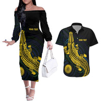 Personalized Solomon Islands Independence Anniversary Couples Matching Off The Shoulder Long Sleeve Dress and Hawaiian Shirt Crocodile Mix Tapa