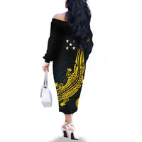 Personalized Solomon Islands Independence Anniversary Family Matching Off The Shoulder Long Sleeve Dress and Hawaiian Shirt Crocodile Mix Tapa