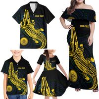 Personalized Solomon Islands Independence Anniversary Family Matching Off Shoulder Maxi Dress and Hawaiian Shirt Crocodile Mix Tapa