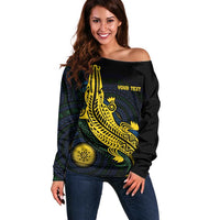 Personalized Solomon Islands Independence Anniversary Off Shoulder Sweater Crocodile Mix Tapa LT7 Women Colorful - Polynesian Pride