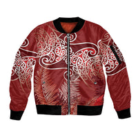 Aotearoa Maori Koru Curves Sleeve Zip Bomber Jacket Silver Ferns - Crimson Red LT7 Unisex Red - Polynesian Pride