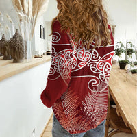 Aotearoa Maori Koru Curves Women Casual Shirt Silver Ferns - Crimson Red LT7 - Polynesian Pride