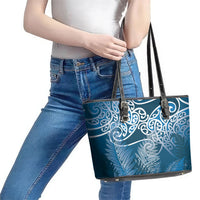 Aotearoa Maori Koru Curves Leather Tote Bag Silver Ferns - Navy Blue LT7 - Polynesian Pride