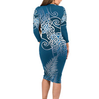 Aotearoa Maori Koru Curves Long Sleeve Bodycon Dress Silver Ferns - Navy Blue LT7 - Polynesian Pride