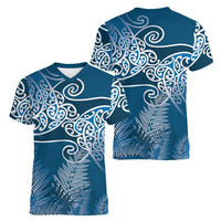 Aotearoa Maori Koru Curves Women V-Neck T-Shirt Silver Ferns - Navy Blue LT7 - Polynesian Pride