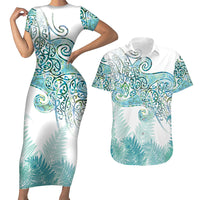 Aotearoa Maori Koru Curves Couples Matching Short Sleeve Bodycon Dress and Hawaiian Shirt Mossy Paua Shell