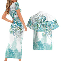 Aotearoa Maori Koru Curves Couples Matching Short Sleeve Bodycon Dress and Hawaiian Shirt Mossy Paua Shell
