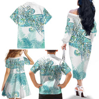 Aotearoa Maori Koru Curves Family Matching Off The Shoulder Long Sleeve Dress and Hawaiian Shirt Mossy Paua Shell