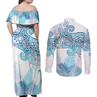 Aotearoa Maori Koru Curves Couples Matching Off Shoulder Maxi Dress and Long Sleeve Button Shirt Aqua Paua Shell