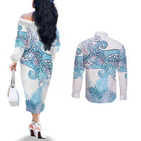 Aotearoa Maori Koru Curves Couples Matching Off The Shoulder Long Sleeve Dress and Long Sleeve Button Shirt Aqua Paua Shell