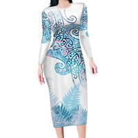 Aotearoa Maori Koru Curves Family Matching Long Sleeve Bodycon Dress and Hawaiian Shirt Aqua Paua Shell