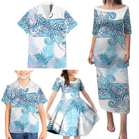 Aotearoa Maori Koru Curves Family Matching Puletasi and Hawaiian Shirt Aqua Paua Shell