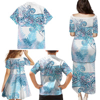 Aotearoa Maori Koru Curves Family Matching Puletasi and Hawaiian Shirt Aqua Paua Shell