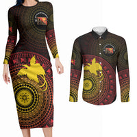Papua New Guinea Independence Personalized Couples Matching Long Sleeve Bodycon Dress and Long Sleeve Button Shirt Tapa Circle LT7 Black - Polynesian Pride