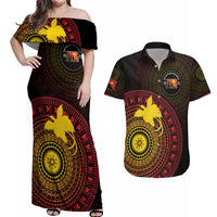 Papua New Guinea Independence Personalized Couples Matching Off Shoulder Maxi Dress and Hawaiian Shirt Tapa Circle