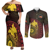 Papua New Guinea Independence Personalized Couples Matching Off Shoulder Maxi Dress and Long Sleeve Button Shirt Tapa Circle LT7 Black - Polynesian Pride