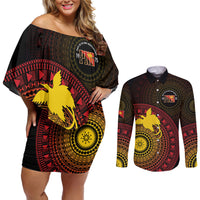 Papua New Guinea Independence Personalized Couples Matching Off Shoulder Short Dress and Long Sleeve Button Shirt Tapa Circle