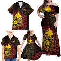 Papua New Guinea Independence Personalized Family Matching Off Shoulder Maxi Dress and Hawaiian Shirt Tapa Circle